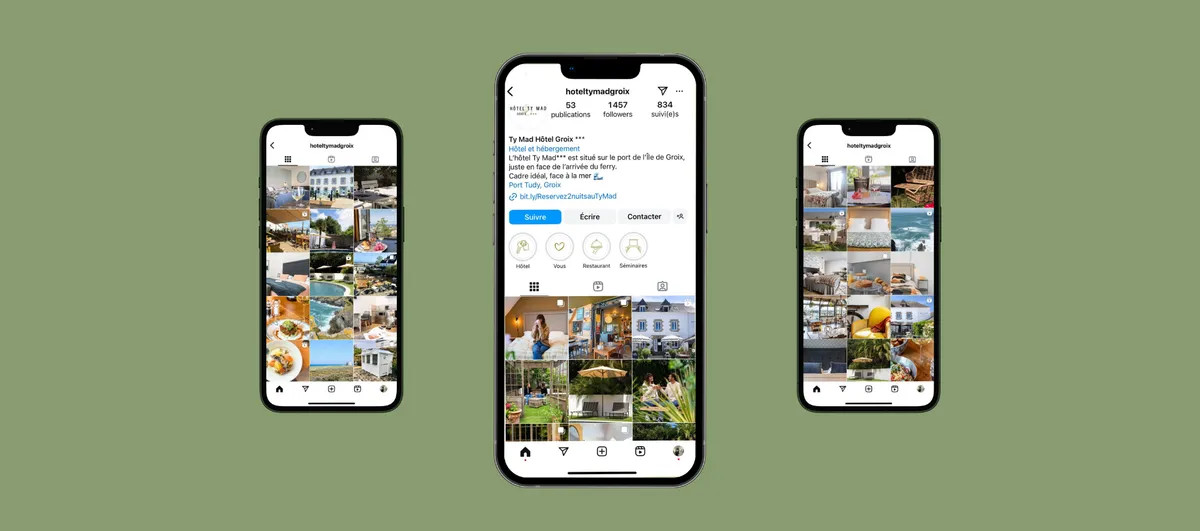 smartphone avec le compte instagram de l'hôtel ty mad à groix