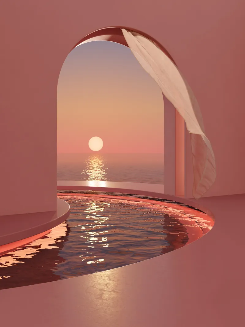 Sunset view over the sea from the archway on the poolside