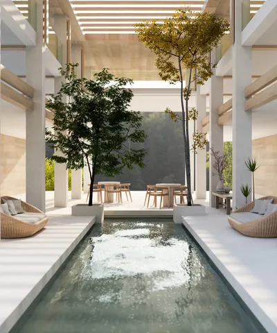 Interior design of a modern, luxurious, spacious hotel indoor lounge with an indoor pool.