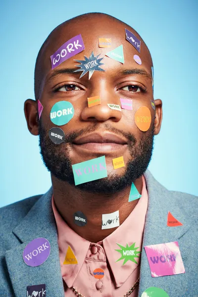 Portrait of business man with stickers on his face, thinking of ideas. Mock up for startup, entrepreneur and working at a new company. Businessman, marketing and working black man on blue background